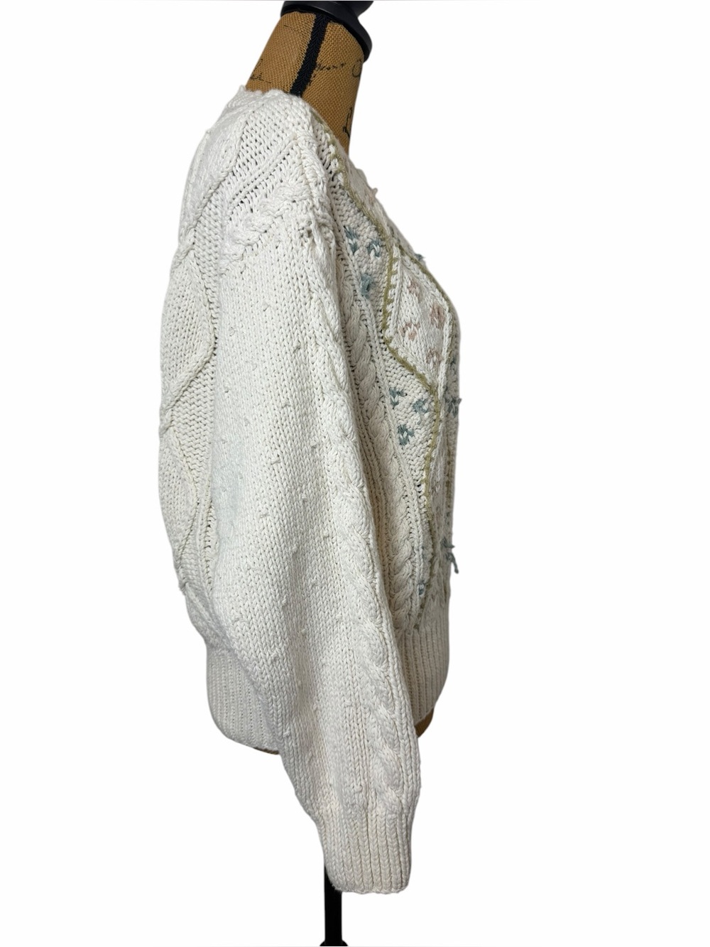 Vintage 90s Liz Claiborne Hand Knit Cable Sweater Floral Cotton Cottagecore - Picture 4 of 7